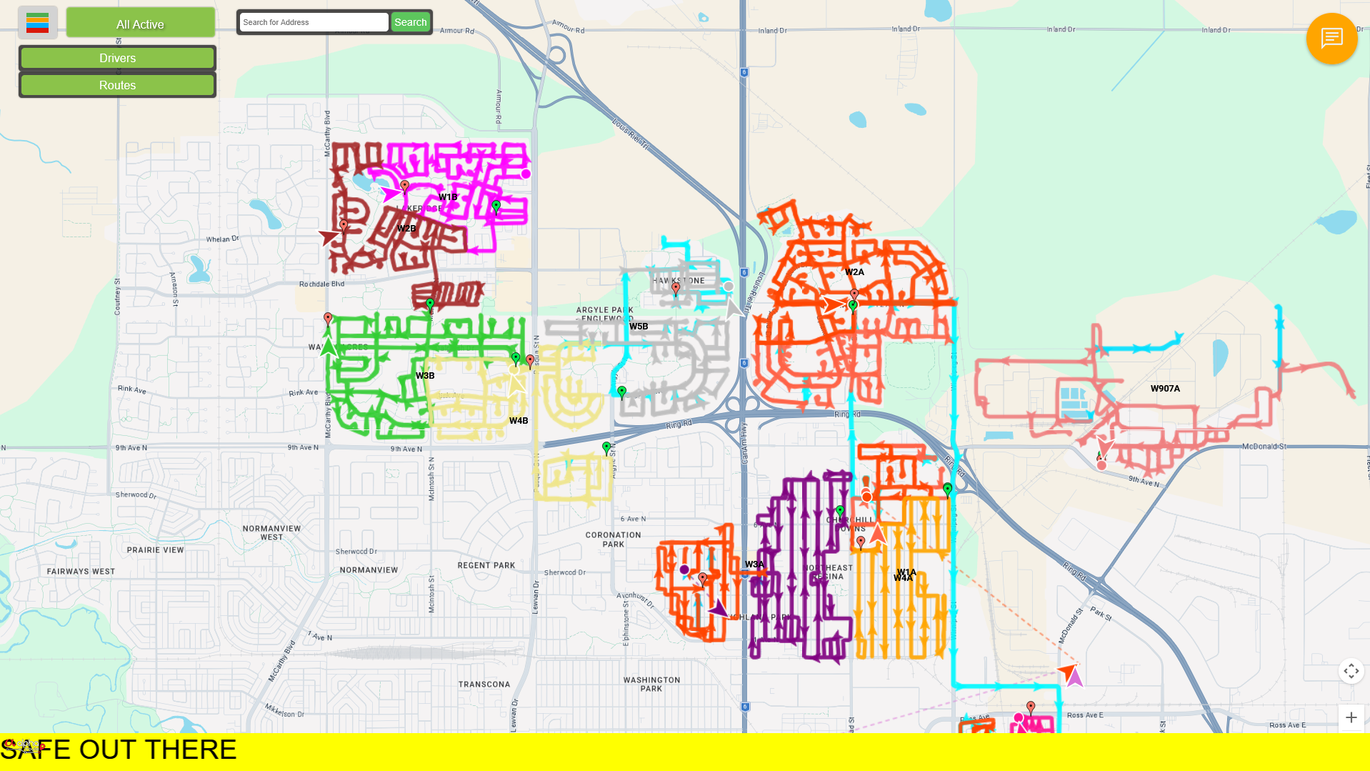 alpha route dispatch view with colour-coded routes across a city map