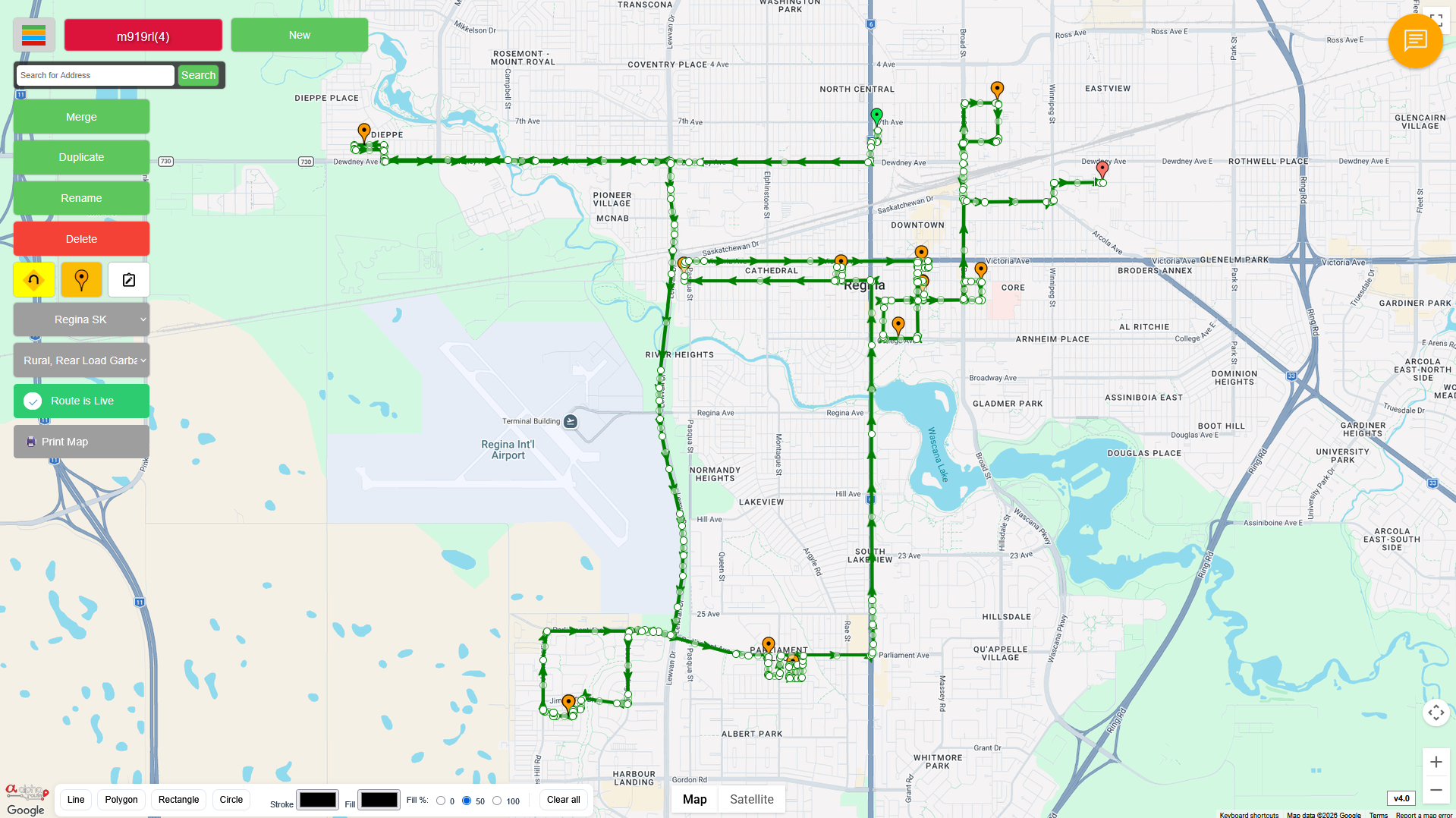 alpha route editor showing a detailed route on a map
