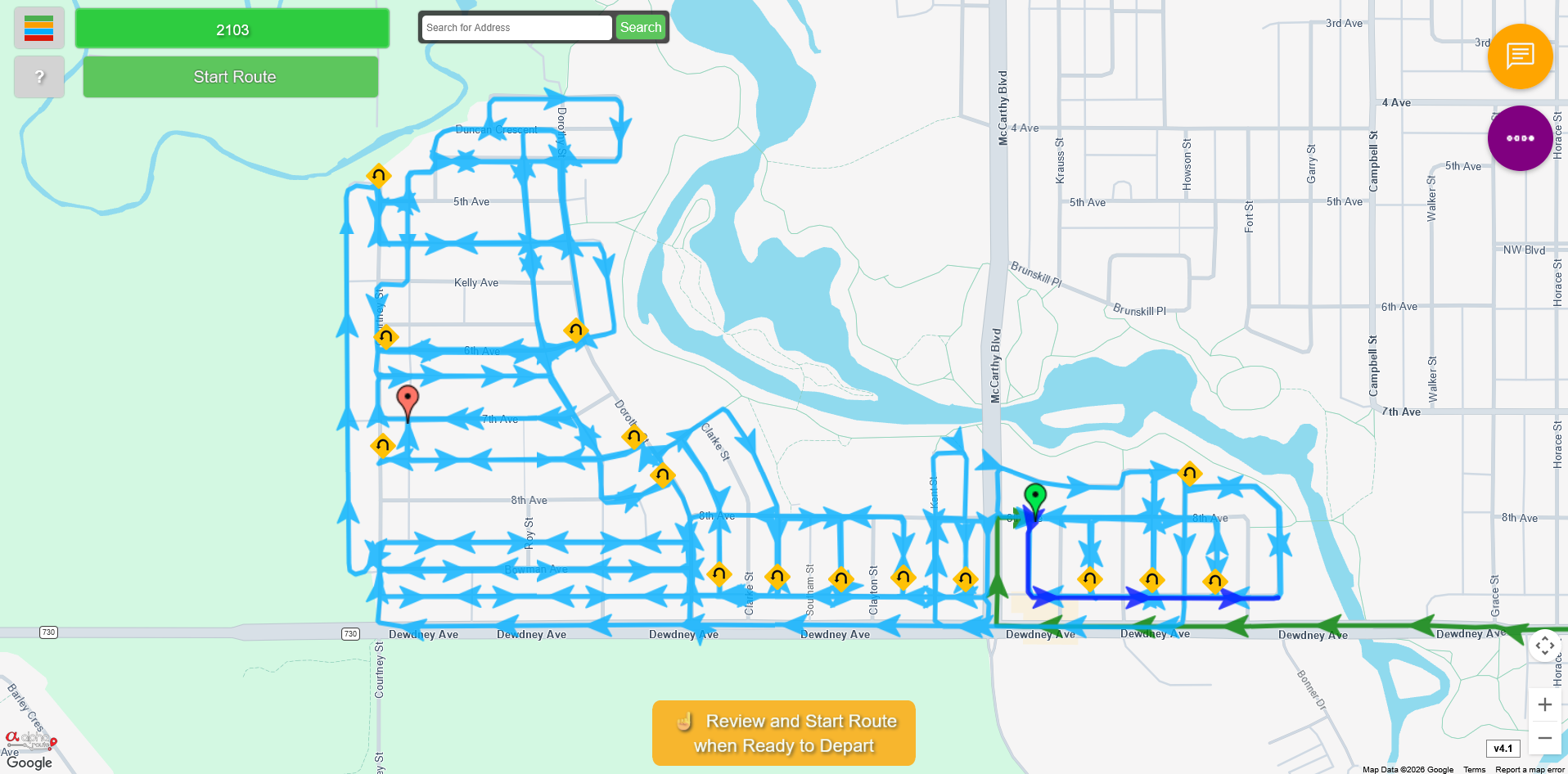 Historical route review with a completed path on the map