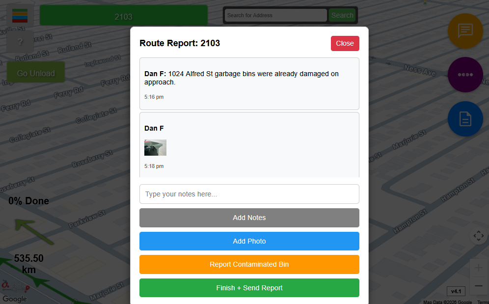 Route report in the alpha route driver app